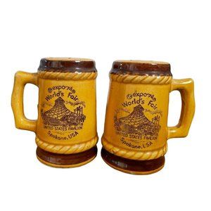 1974 World's Fair Spokane, USA Salt & Pepper Ceramic Mug Shaker Set, Japan
